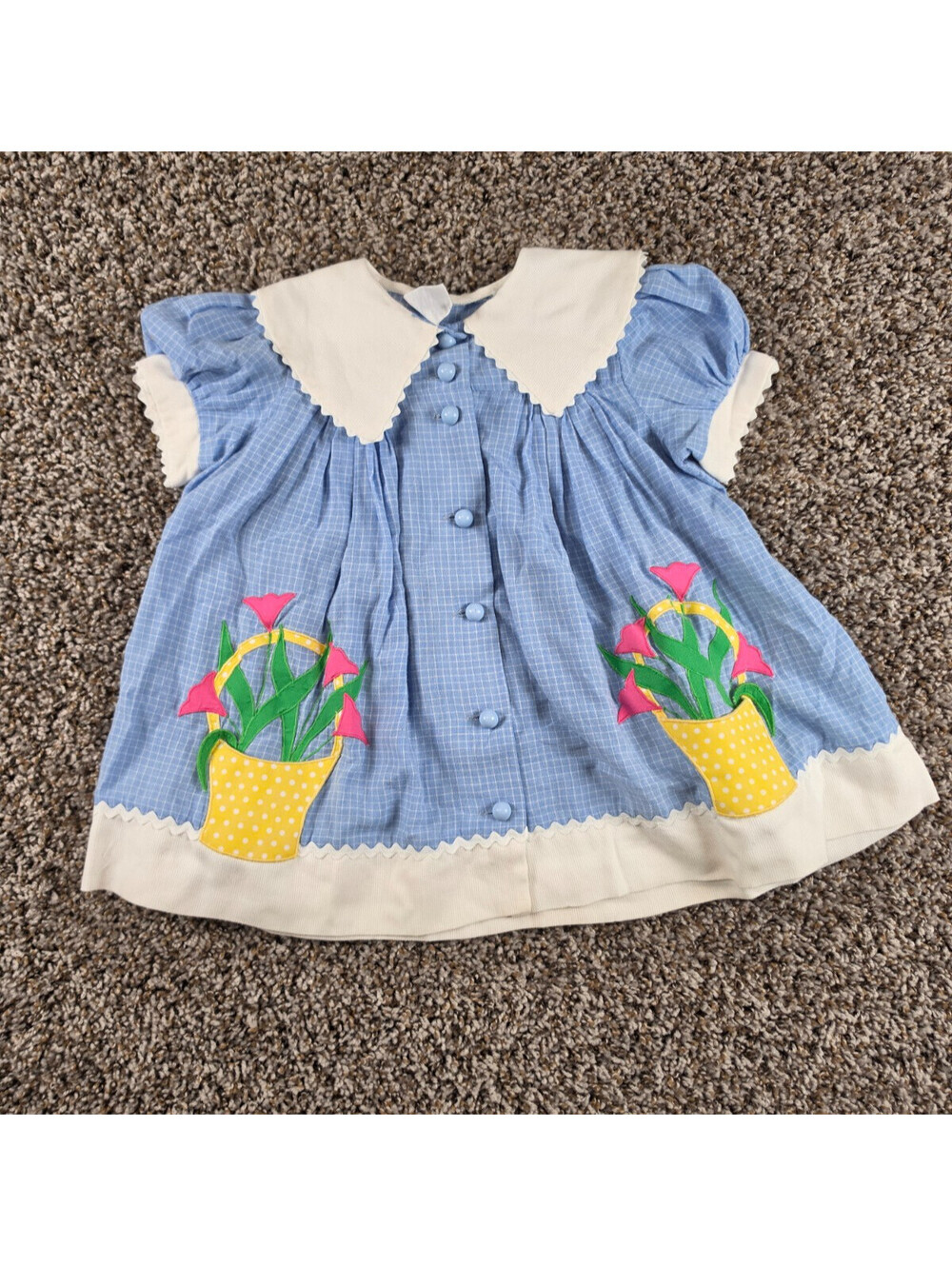Vtg Youngland Baby Girls Sz 12M Short Sleeve Gingham Dress Blue Cottagecore
